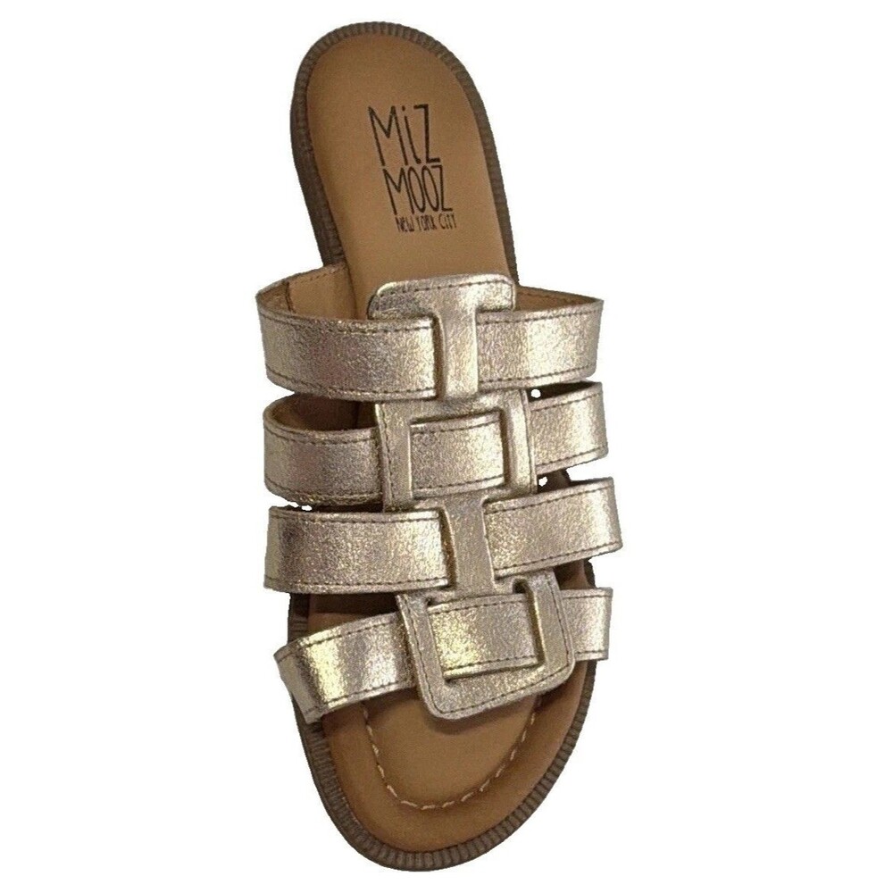 Miz Mooz Sandals Women US 7 Gold Leather Slide Metallic Woven Flat Coastal